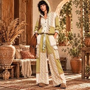 329.New POL Floral Patchwork Thermal Cargo Pants Green Cream Boho Wide Leg